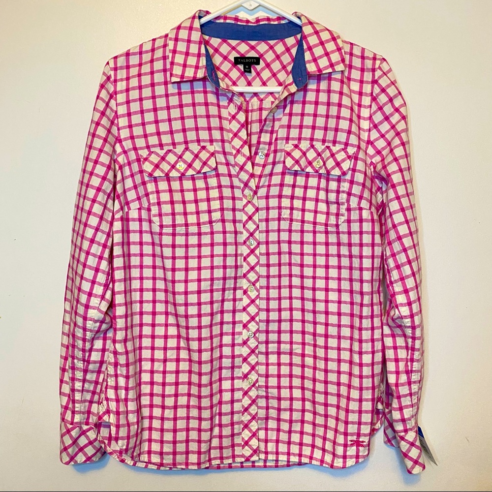 Talbots womens pink long sleeve gingham plaid button down shirt